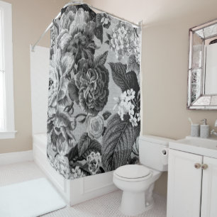 Cortina Para Chuveiro Vintage cinzento preto & branco Toile floral No.1