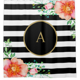 Cortina Para Chuveiro Vintage Floral Dourado Monograma Preto, Branco