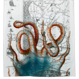 Cortina Para Chuveiro vintage vermelho do polvo