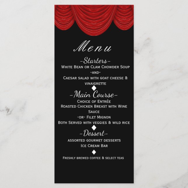 Cortinas Vermelhas de HOLLYWOOD Menu de Festa Glam (Frente)