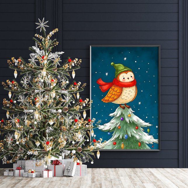 Coruja Bonita Em Poster de Árvore De Natal (Cute Christmas owl illustration wall art poster)