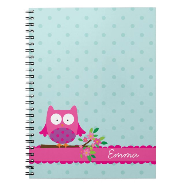 Coruja cor-de-rosa em um caderno personalizado (Frente)