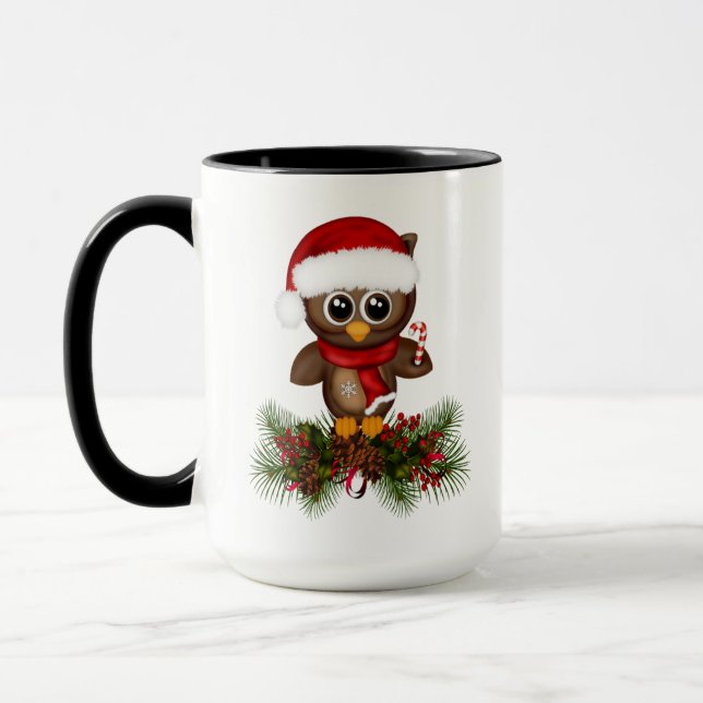Coruja De Natal Bonita Na Caneca De Pinho (Esquerda)