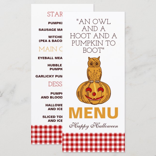 Coruja no Menu Padrão Pumpkin Gingham (Frente/Verso)