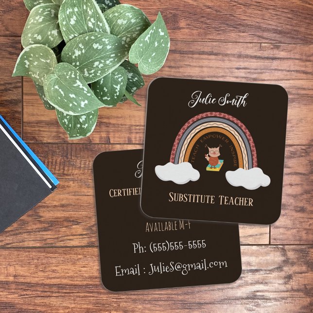 Coruja Sob Cartões De Contato De Professores Subst (Owl under a rainbow faux chalkboard substitute teacher business cards)
