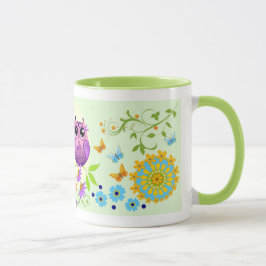 Corujas bonitos do verão, flores e caneca
