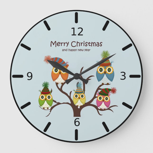 Corujas de Natal Feliz no Relógio de Parede da Pra (Frente)