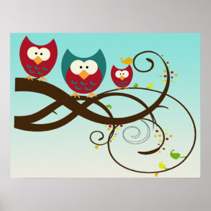 Corujas retros no poster do ramo de Swirly