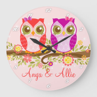 Corujas Rosa e Roxas - Relógio de Parede Personali