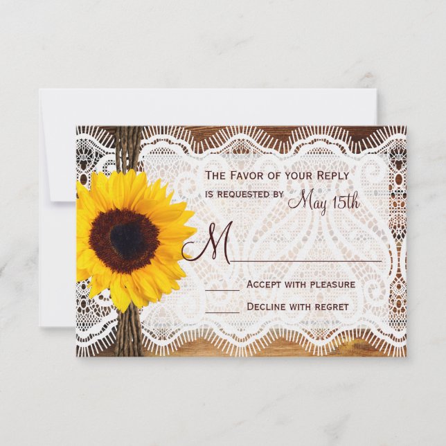 Country Barn Wood Lace Sunflower Wedflower RSVP Ca (Frente)