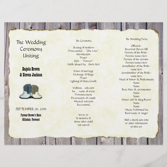 Country Boots Rustic Trivezes Barn Wedding Program (Frente)
