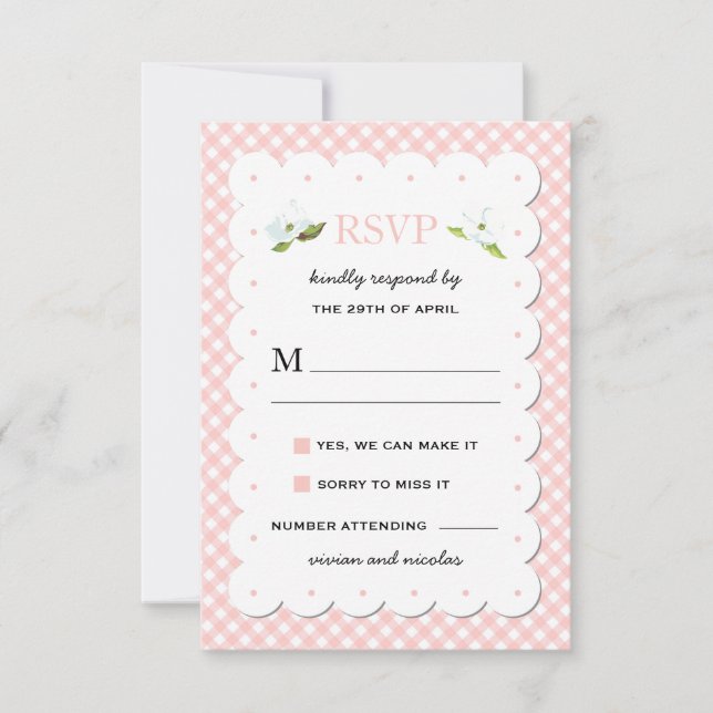 Country Floral Gingham Pink Blue Weding RSVP (Frente)