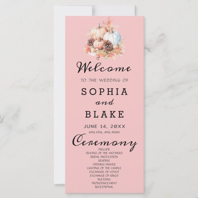 Country Pumpkins Fall Baby Pink Weding Program (Frente)