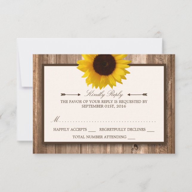 Country Rustic Sunflower & Brown Wood Weding RSVP (Frente)