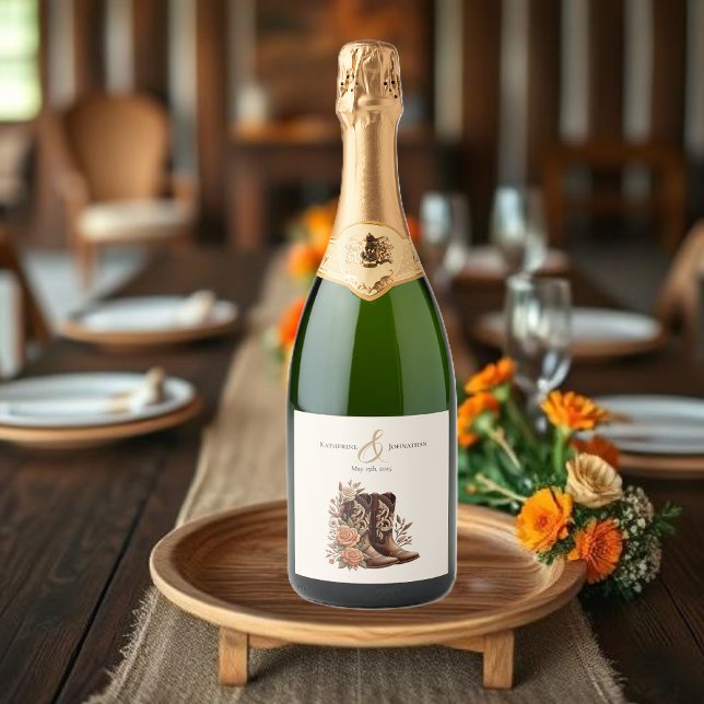 Country Western Flowers com Boots de Cowboy (Country Western Flowers with Cowboy Boots Sparkling Wine Label )