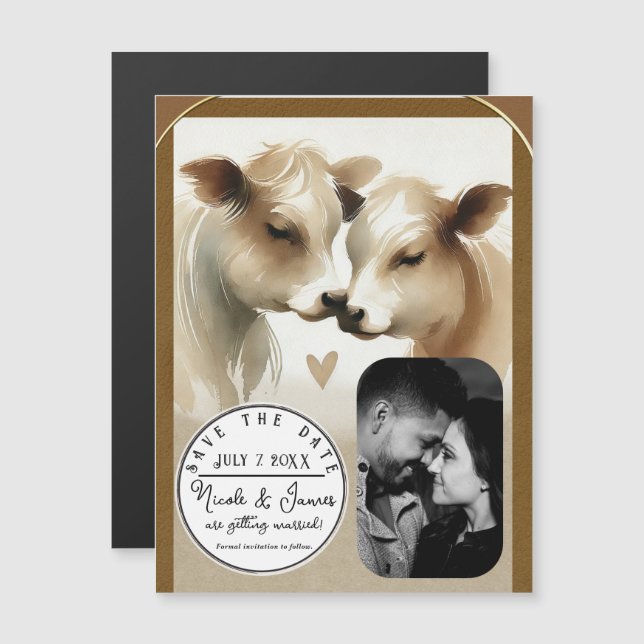 Cow Love Brown Cream Country Casamento Salvar Data (Frente/Verso)