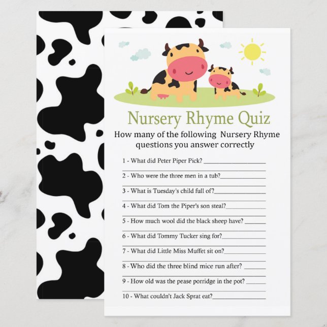 Cow Nursery Rhyme jogo de chá de fraldas do Quiz (Frente/Verso)