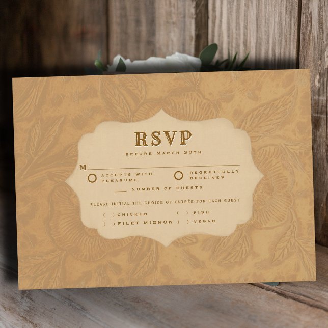Cowboy Country Tooled Beige Meal Wedding RSVP (country rustic cowboy wedding rsvp meal choice faux tooled leather cream beige western frame)