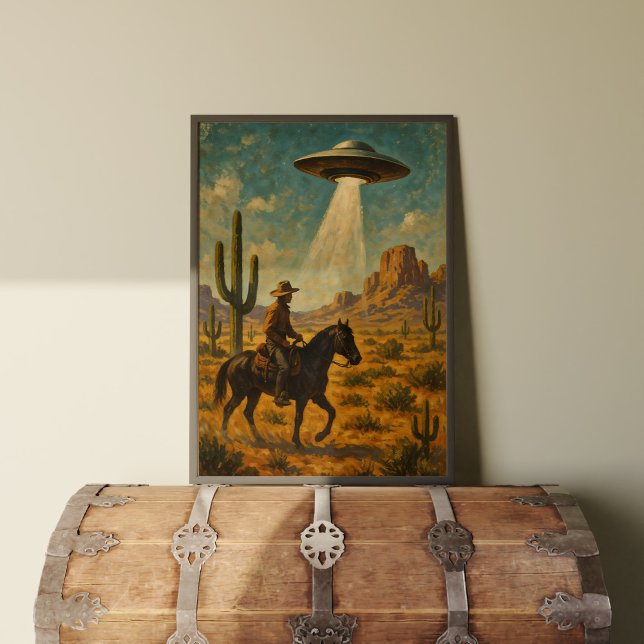 Cowboy Em Horseback OFO Encontra Poster De Arte De (This fun and whimsical illustration depicts a cowboy on horseback encountering a UFO in the desert. )