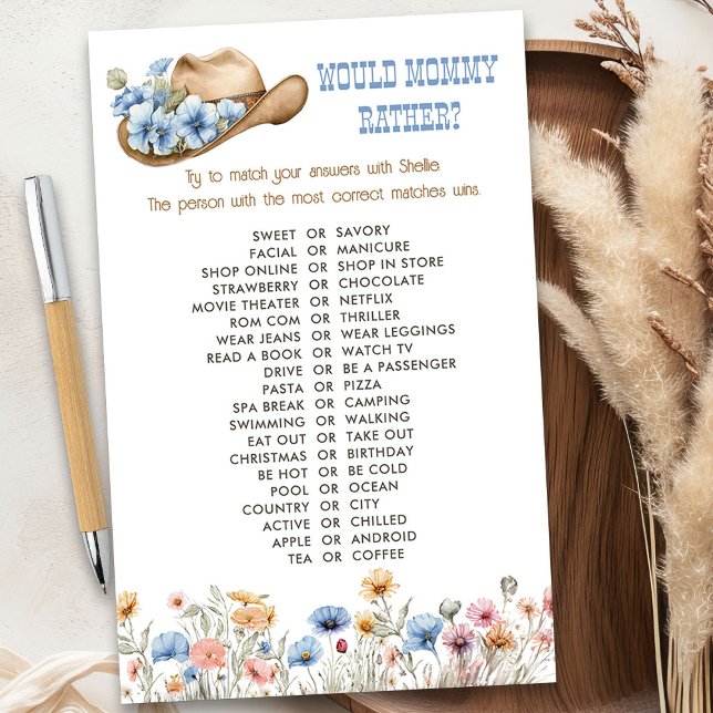 Cowboy Flor Silvestre O Jogo da Chuveirinho Quem a (Would mommy rather game from the Boho Elephant Baby Shower Collection by Darling & May)