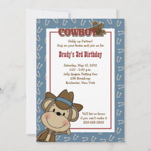 Cowboy Western Monkey 5 x 7 Convite de Aniversári