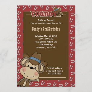 Cowboy Western Monkey 5 x 7 Convite de Aniversário