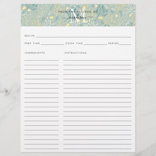 Cozinha Cuta Monograma Suplente Botânico Teal (Frente)