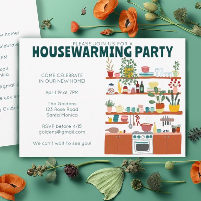 Cozinha Fresca de Convite de festas (Cute charming whimsical kitchen illustration on these custom housewarming party invitations)