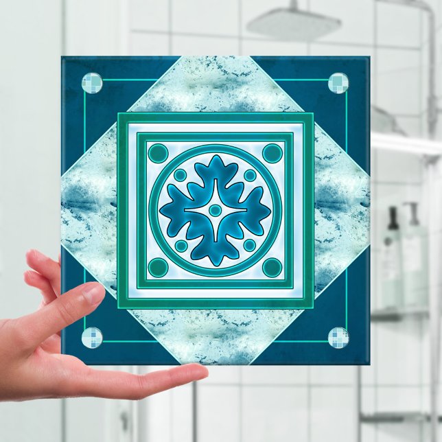 Cozinha Geométrica Azul Verde Teal ou Azulejo de B (Modern design kitchen or bathroom tile featuring an abstract geometric pattern in teal turquoise)