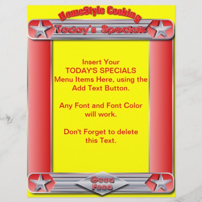 Cozinhar de Estilo Doméstico Menu ESPECIAIS HOJE I (Frente)