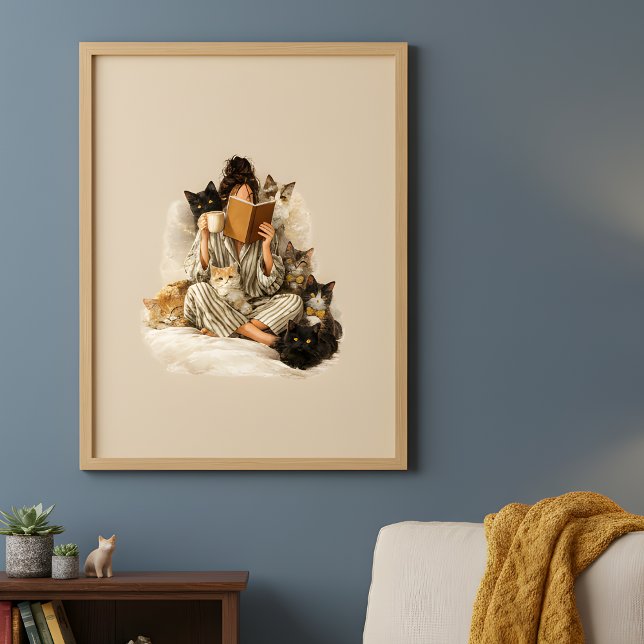 Cozy Cat Lady Reading & Coffee Poster (Criador carregado)