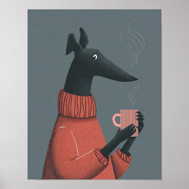 Cozy Dog Poster – Stylized Greyhound with Mug (Frente)