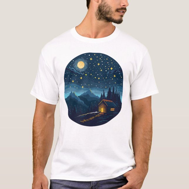Cozy Night Cabin Under Starry Sky T-Shirt (Frente)
