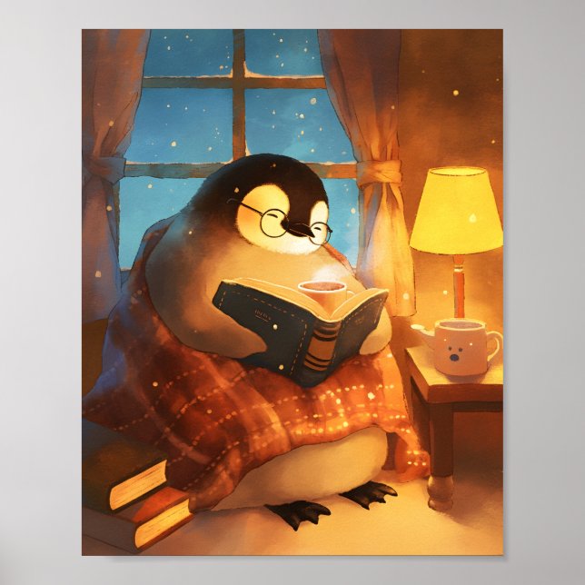 Cozy Penguin Reading Nursery Wall Art Print Poster (Frente)