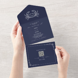 Crab Rustic Beach Casamento Dark Blue QR