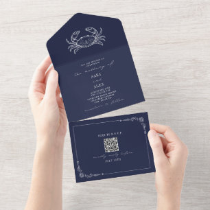 Crab Rustic Beach Casamento Dark Blue QR