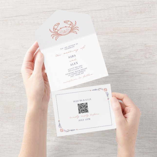 Crab Rustic Beach Casamento Red & Blue Código QR R (Tearaway)