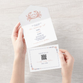 Crab Rustic Beach Casamento Red & Blue Código QR R