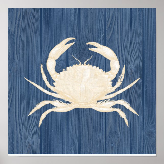 Crab Vintage Blue Wood Beach Poster (Frente)