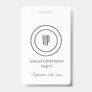 Crachá Acesso VIP à Festa de aniversário branca e preta