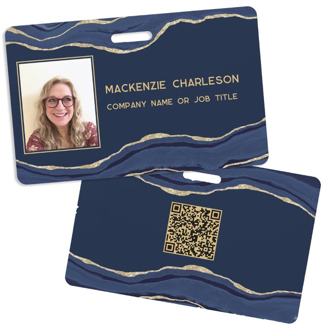 Crachá Ágata Bola de Azul Geodo Código QR ID Nome Foto (Navy blue agate marble geode professional business photo id name QR code badge)