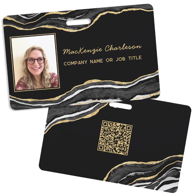 Crachá Ágata Preta Geodo Código QR ID Nome Foto (Black marble agate geode gold business photo id with QR code)