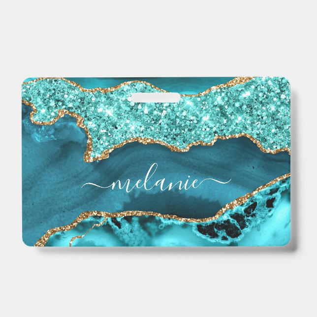 Crachá Agate Teal Blue Glitter Marble Nome Personalizado (Frente)