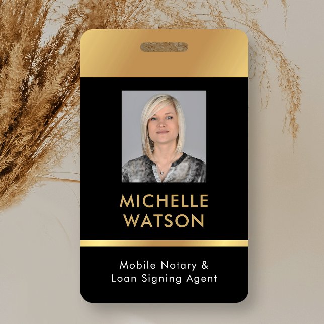 Crachá Agente de Assinatura de Empréstimo Notarial Foto I (Modern employee photo ID badge in black and gold)
