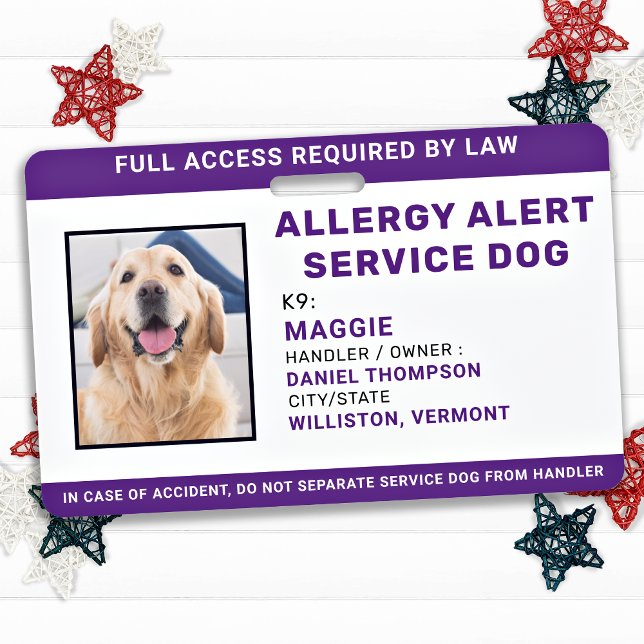 Crachá Alergia Alert Service Dog Personalized Photo ID (Criador carregado)