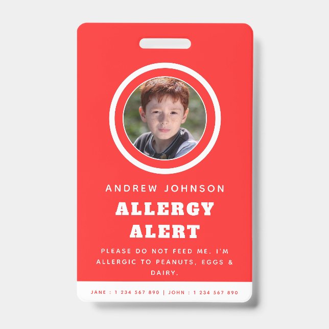 Crachá Alerta de Emergência de Alergia Alimentar Foto de  (Frente)