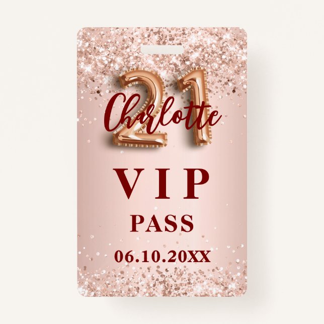 Crachá aniversário de 21 anos rosa dourado vip party pass (Frente)