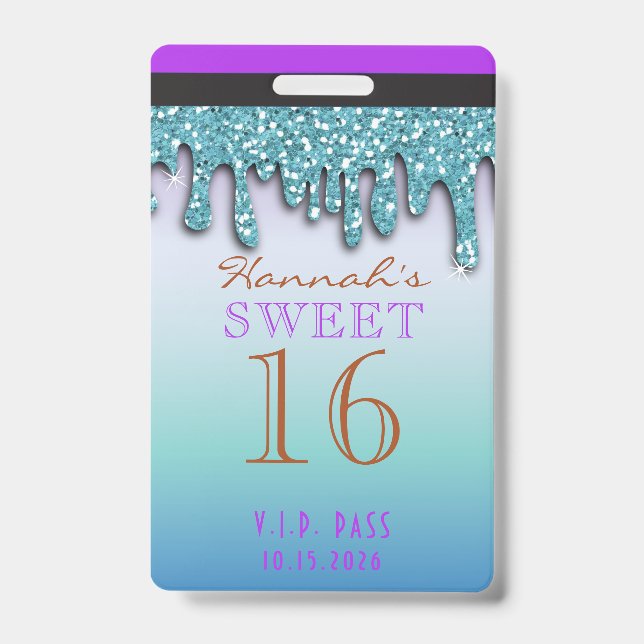 Crachá Aqua Teal Brilho Gotejante Gota Doce Dezesseis VIP (Front)
