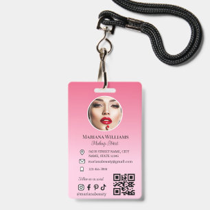 Crachá artista de maquiagem código qr de foto rosa pequen