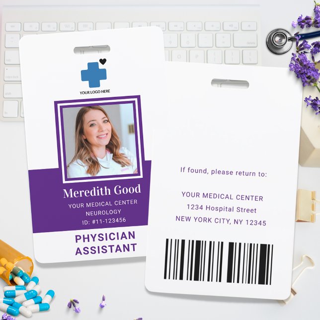 Crachá Assistente médico de ID de segurança moderno roxo (Criador carregado)
